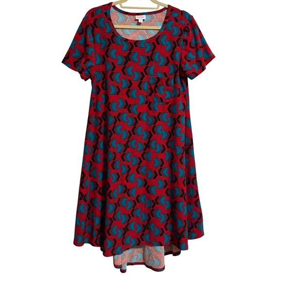 LuLaRoe Dresses & Skirts - LuLaRoe Carly Dress‎ Womens Med Red Teal Geometric Chevron High Low Swing Dress